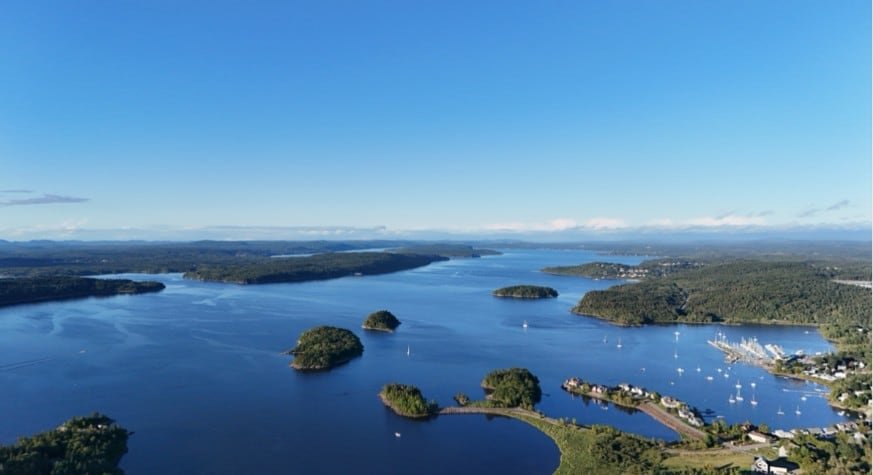 default-251 Aerial view of a river with numerous boats on the right